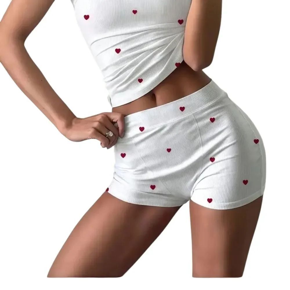 Zara White and Red Heart Print Women's Pajama Shorts